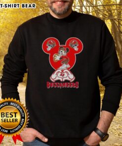 Cozy Tampa Bay Buccaneers football sweatshirt featuring Mickey Hands forming a heart, perfect for fans and love for the team.