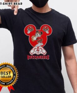 Top Mickey Hands Heart Love graphic on Tampa Bay Buccaneers Football T-Shirt, perfect for fans and Disney lovers.