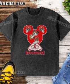 Top Mickey hands forming a heart on a love-themed Tampa Bay Buccaneers football washed t-shirt design.
