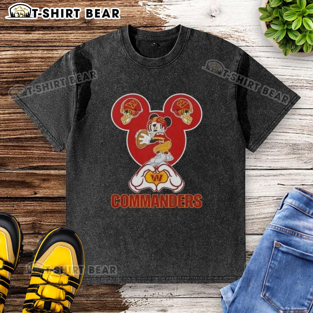 Top Mickey Hands Heart Love Washington Commanders Football Washed T Shirt Top Mickey hands forming a heart on a love-themed Washington Commanders football washed t-shirt.