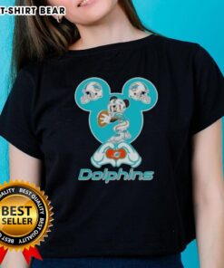 Ladies tee featuring top Mickey hands forming a heart, supporting Miami Dolphins football team style.