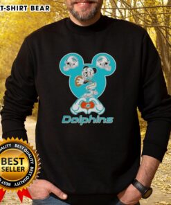 Alt Text: Top Mickey Hands Heart Miami Dolphins Football Sweatshirt featuring iconic Disney design and team colors.