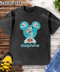 Miami Dolphins football washed t-shirt featuring top Mickey hands forming a heart, perfect for fans and casual wear.