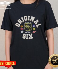 Alt Text: Top NHL Original Six Crest Hockey Ladies Tee featuring vibrant team logos and comfortable fit for female fans.