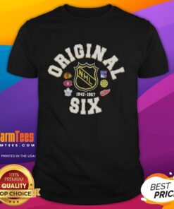Top NHL Original Six Crest Hockey T-Shirt featuring classic team logos and a stylish design for hockey fans.