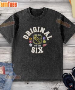 Top NHL Original Six crest hockey washed t-shirt in vintage style, perfect for fans and collectors of hockey apparel.