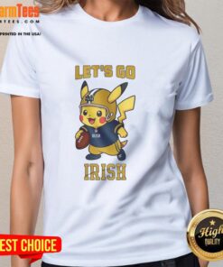 Alt Text: Top Notre Dame Fighting Irish X Pikachu Let's Go Ladies Tee featuring vibrant graphics and team colors.