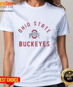 Ohio State Buckeyes ladies tee featuring vibrant team colors and logo, perfect for female fans supporting the Buckeyes.