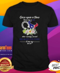 Girl wearing 'Once Upon A Time' Houston Texans T-shirt, showcasing her love for horses and football in a vibrant design.