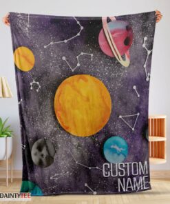 Top Outer Space Galaxy Watercolor Planets & Stars Blanket Fleece Customized Blanket