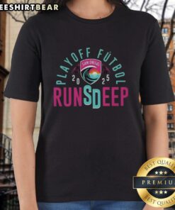 Alt Text: Top San Diego Wave FC Playoff Futbol 2025 ladies tee featuring vibrant team colors and stylish design.