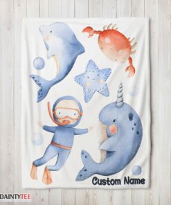 Top Sea's Treasures Narwhal Dolphin Crab Starfish Scuba Divers Blanket Fleece Customized Blanket