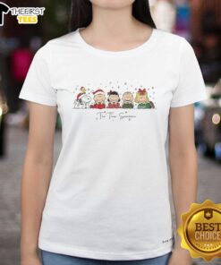 Alt Text: Top Snoopy and Friends Peanuts Tis the Season Christmas ladies tee featuring festive holiday designs.