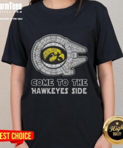 Iowa Hawkeyes ladies tee featuring Star Wars design, perfect for fans and casual wear, showcasing team spirit.