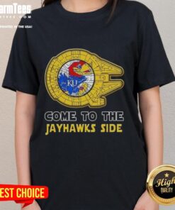 Alt Text: Top Star Wars Kansas Jayhawks Side Ladies Tee featuring a stylish design for fans of both franchises.