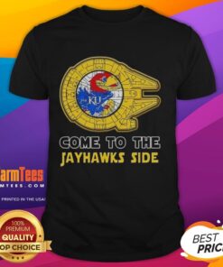 Alt Text: Top Star Wars Come To The Kansas Jayhawks Side T-Shirt featuring iconic characters and team colors, perfect for fans.