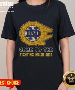 Top Star Wars-themed Notre Dame Fighting Irish ladies tee featuring iconic characters and vibrant colors.
