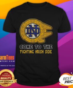 Top Star Wars Come To The Notre Dame Fighting Irish Side T-Shirt featuring iconic characters and team colors.