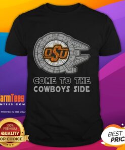 Top Star Wars Come To The Oklahoma State Cowboys Side T-Shirt featuring iconic characters and vibrant team colors.