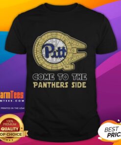 Top Star Wars Come To The Pittsburgh Panthers Side T-Shirt featuring iconic characters and team colors for fans.