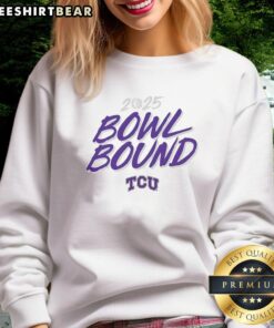 Alt Text: Top TCU Horned Frogs Football 2025 Bowl Bound sweatshirt featuring team colors and logo, perfect for fans.