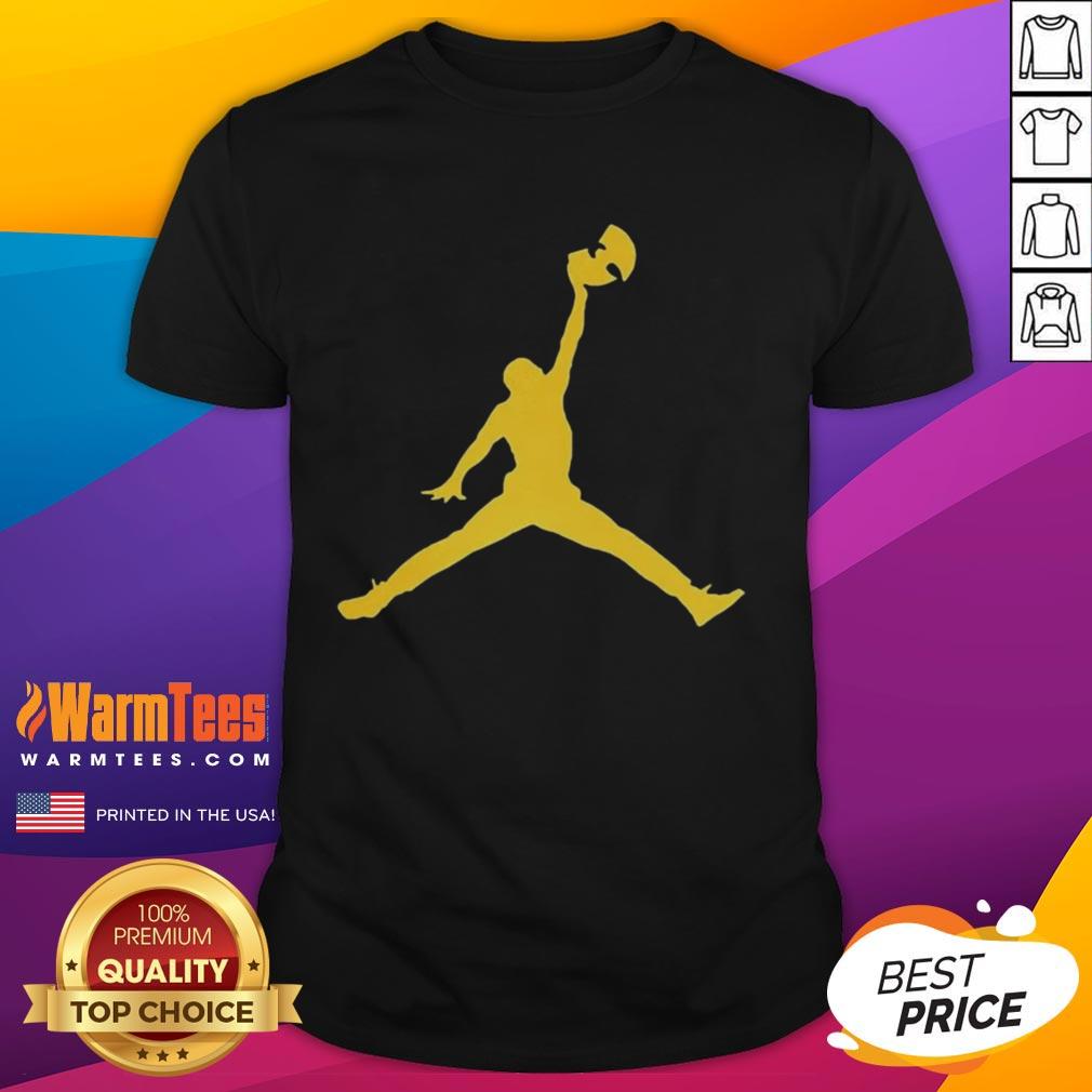 top-the-golden-wutang-clan-forever-jumpman-logo-parody-t-shirt Alt Text: Top The Golden Wutang Clan Forever Jumpman Logo Parody T-Shirt featuring a unique design blending iconic logos.