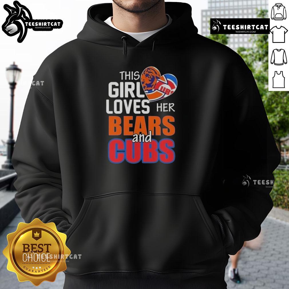 top-this-girl-loves-her-chicago-sports-bears-and-cubs-hoodie Girl wearing a Chicago sports hoodie, showing love for Bears and Cubs, smiling in a vibrant city backdrop.