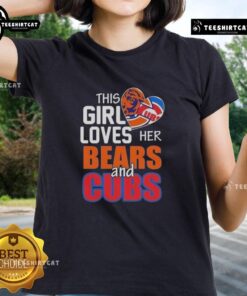 Girl wearing a Chicago Bears and Cubs ladies tee, showcasing her love for Chicago sports in a vibrant setting.