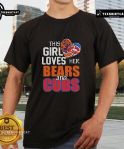 Girl wearing a Chicago Bears and Cubs T-shirt, showcasing her love for Chicago sports in a vibrant urban setting.
