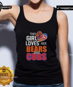 Girl wearing a Chicago sports tank top featuring Bears and Cubs logos, showcasing her love for local teams.