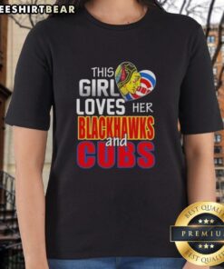 Girl wearing a Chicago sports tee featuring Blackhawks and Cubs, showcasing her love for Chicago teams.
