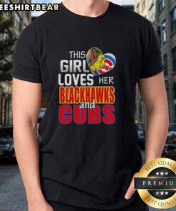 Alt Text: Girl wearing a Chicago sports T-shirt featuring Blackhawks and Cubs, showcasing her love for Chicago teams.