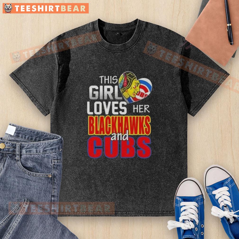 top-this-girl-loves-her-chicago-sports-blackhawks-and-cubs-washed-t-shirt Alt Text: Girl wearing a washed black t-shirt showing love for Chicago sports, featuring Blackhawks and Cubs logos.