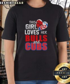 Alt Text: Girl wearing Chicago Bulls and Cubs ladies tee, showcasing her love for Chicago sports in a stylish casual outfit.