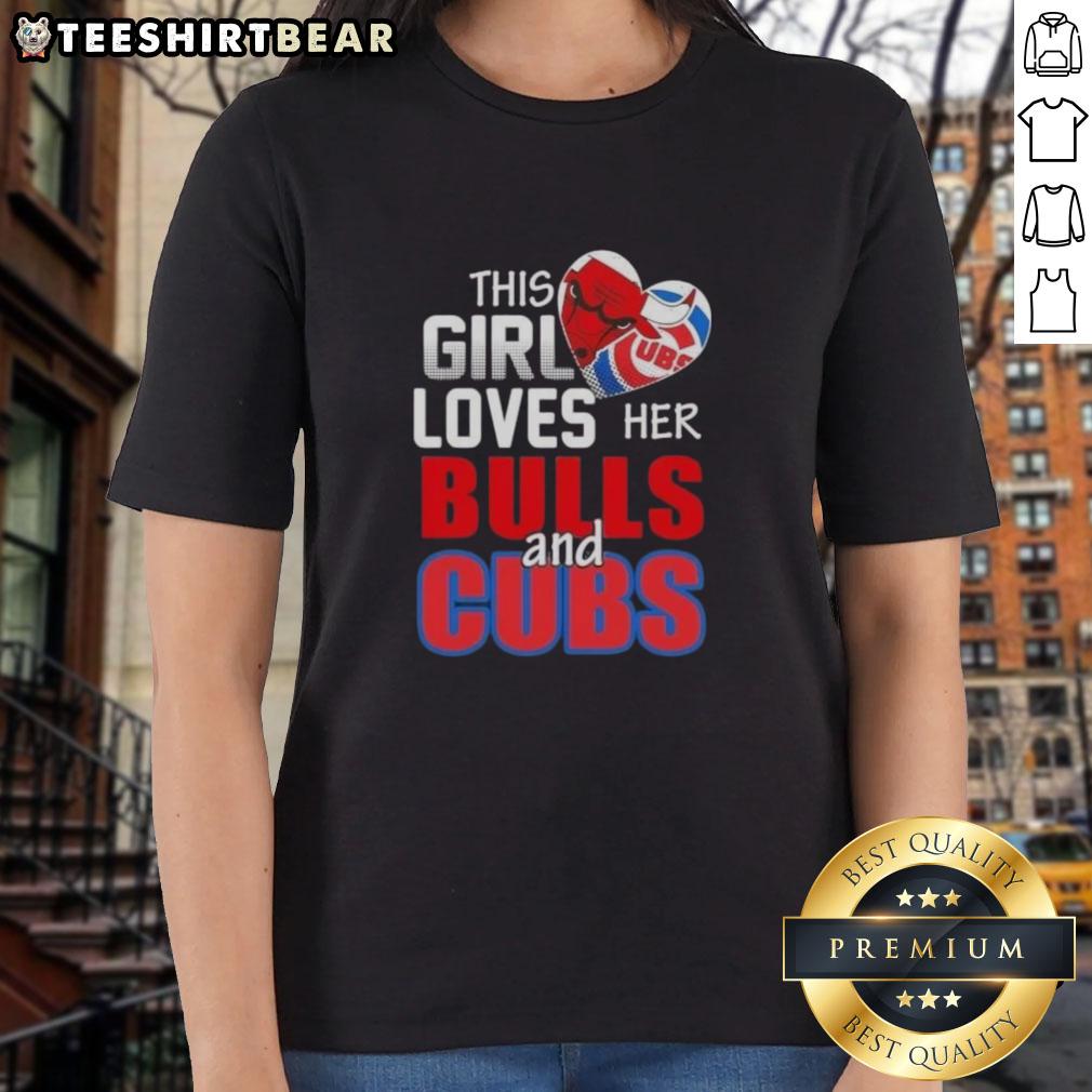 top-this-girl-loves-her-chicago-sports-bulls-and-cubs-ladies-tee Alt Text: Girl wearing Chicago Bulls and Cubs ladies tee, showcasing her love for Chicago sports in a stylish casual outfit.