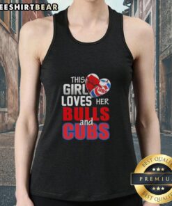 Girl wearing a Chicago Bulls and Cubs tank top, showcasing her love for Chicago sports in a vibrant urban setting.