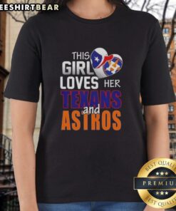 Alt Text: Girl wearing a Houston Texans and Astros ladies tee, showcasing her love for Houston sports in vibrant colors.