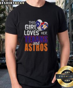 Girl wearing a Houston Texans and Astros t-shirt, showcasing her love for Houston sports in a vibrant setting.