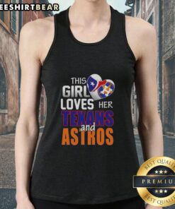 Girl wearing a Houston sports tank top featuring Texans and Astros logos, showcasing her love for Houston teams.