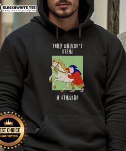 Top Thou Wouldn't Steal A Stallion Hoodie displayed on a hanger, showcasing its stylish design and vibrant colors.