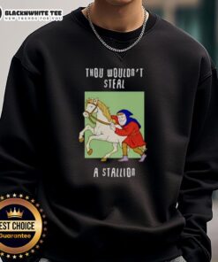 Alt Text: Cozy 'Top Thou Wouldn't Steal A Stallion' sweatshirt featuring bold text and a stylish design, perfect for casual wear.