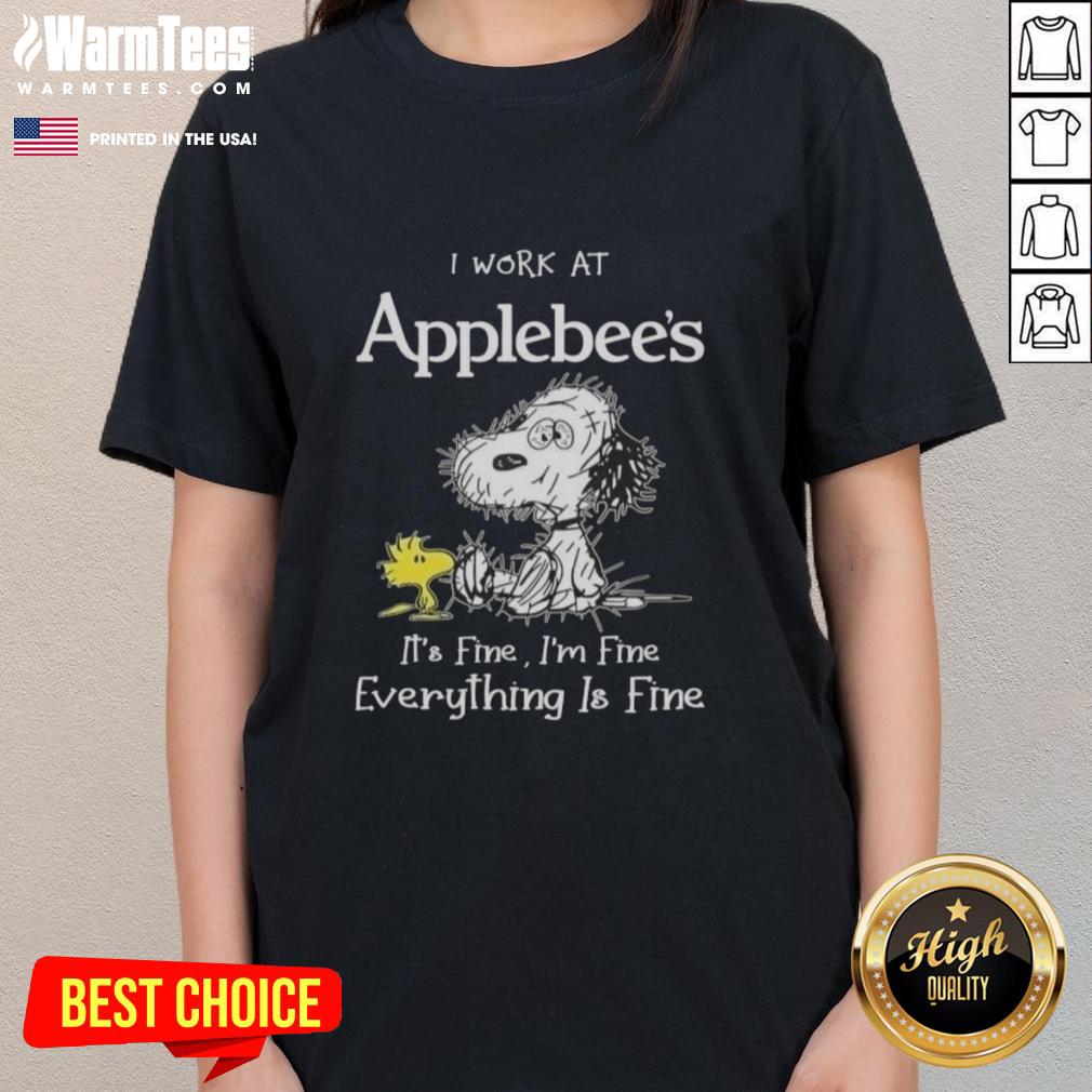 top-tired-snoopy-and-woodstock-i-work-at-applebees-its-fine-im-fine-everything-is-fine-ladies-tee Top Tired Snoopy and Woodstock graphic tee for women saying 'I Work at Applebee's, It's Fine, I'm Fine, Everything is Fine'