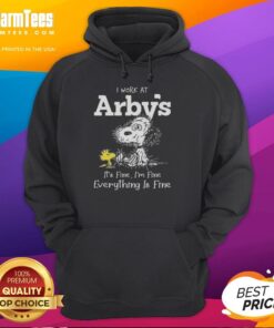 Cozy hoodie featuring Snoopy and Woodstock with 'I work at Arby's, it's fine' text, perfect for fans of Peanuts.