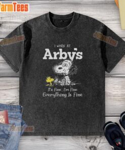 Alt Text: Snoopy and Woodstock on a washed t-shirt with I work at Arby's, it's fine, I'm fine, everything is fine design.