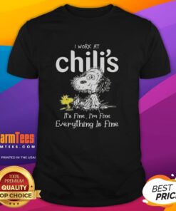 Alt Text: Top Tired Snoopy and Woodstock graphic tee: 'I Work At Chili's It's Fine I'm Fine Everything Is Fine' shirt.
