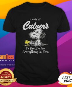 Top Tired Snoopy and Woodstock graphic on a 'I Work At Culver's It's Fine I'm Fine Everything Is Fine' T-Shirt.