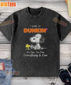 Alt Text: Snoopy and Woodstock on a 'I Work at Dunkin Donuts' shirt, showcasing a fun, humorous vibe.