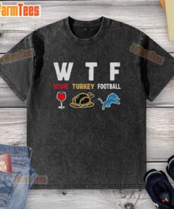 Top Wine Turkey graphic on a Detroit Lions Thanksgiving football washed t-shirt for festive game day style.