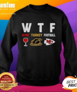 Cozy Thanksgiving sweatshirt featuring Kansas City Chiefs logo, perfect for wine lovers and football fans celebrating Turkey Day.