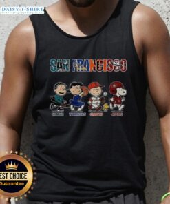 Awesome Peanuts tank top featuring San Francisco Sharks, Warriors, Giants, and 49ers logos in a vibrant design.